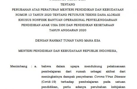 Permendikbud Nomor 20 Tahun 2020 tentang Perubahan Juknis DAK Nonfisik PAUD dan Pendidikan Kesetaraan