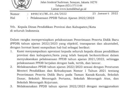 SE Sesjen Kemendikbudristek tentang Pelaksanaan PPDB Tahun Ajaran 2022/2023