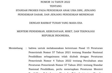Permendikbudristek Nomor 16 Tahun 2022 tentang Standar Proses